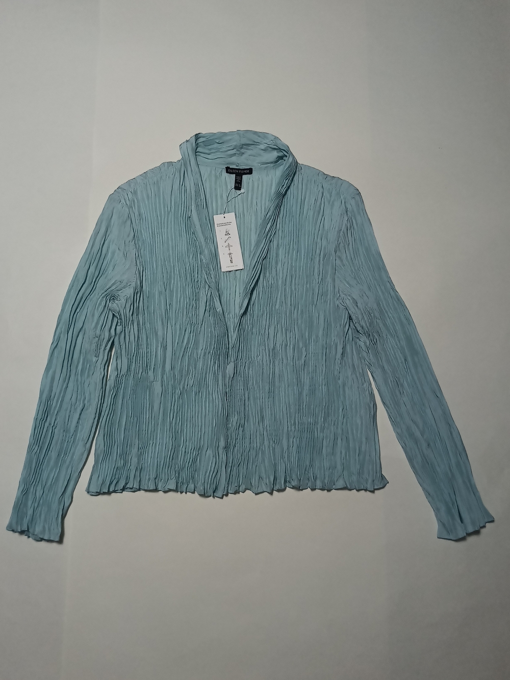 Eileen Fisher Crushed Pool Blue Silk Stand Collar Open-Front Cardigan/Jacket XL - Picture 4 of 11